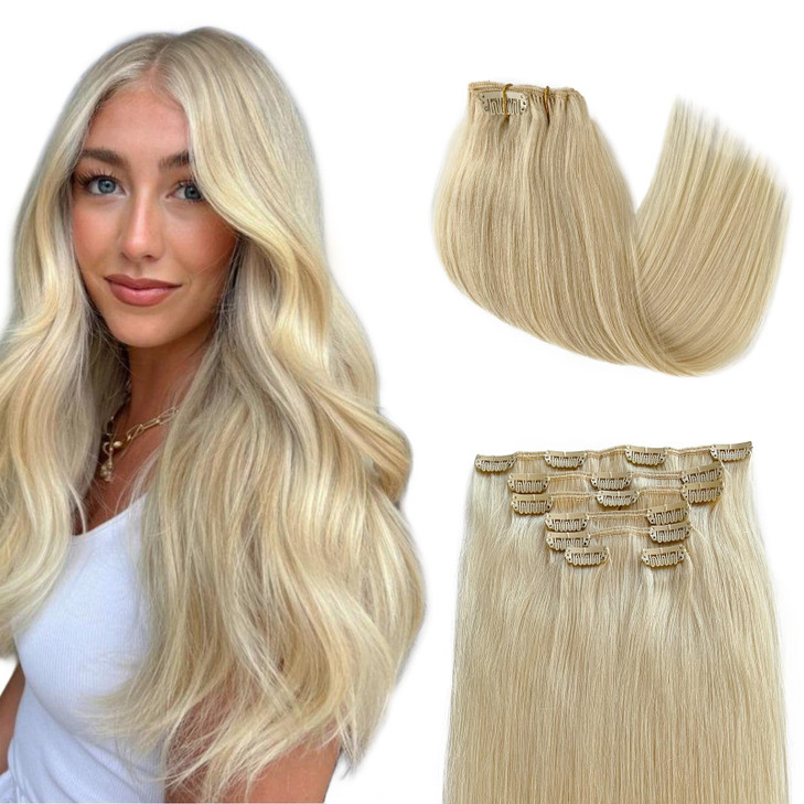 Clip in Hair Extensions Real Human Hair 60 Platinum Blonde Human Hair Extensions Long Straight 22 Inch Fine Real Remy Ha