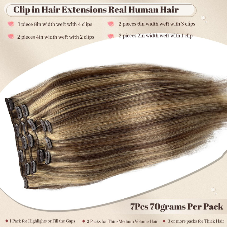 Clip in Hair Extensions Human Hair Highlighted Medium Brown and Caramel Blonde Real Human Hair Clip ins 15 Inch Full Thi