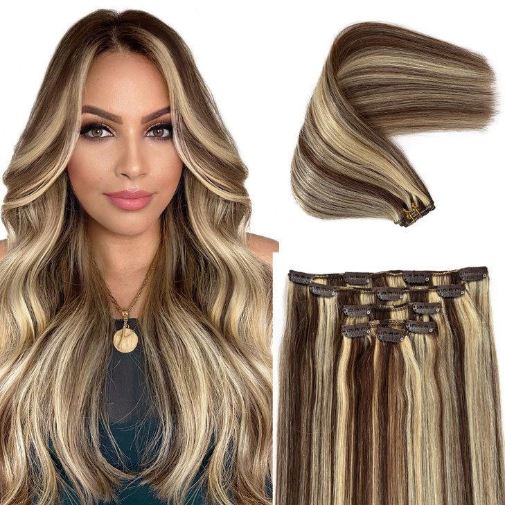 Clip in Hair Extensions Human Hair 15 Inch Brown Highlights Blonde Hair Extensions Real Remy Human Hair Clipin Thick Ful