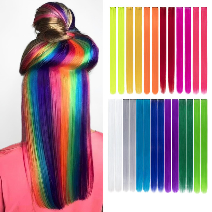 26 Packs Colored Hair Extensions 20Inch Straight MultiColors Party Highlights Clip In Hair Extension Synthetic Rainbow H