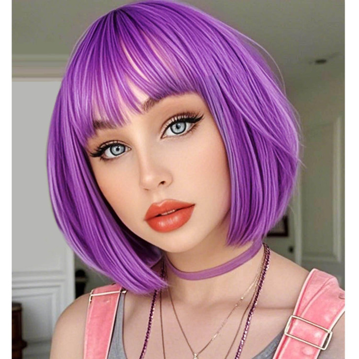 YOUNIGA Purple Bob Wig With Bangs 12 Inch Short Synthetic Fiber Bob Wigs for Women Short Bob Wigs and Halloween Cosplay