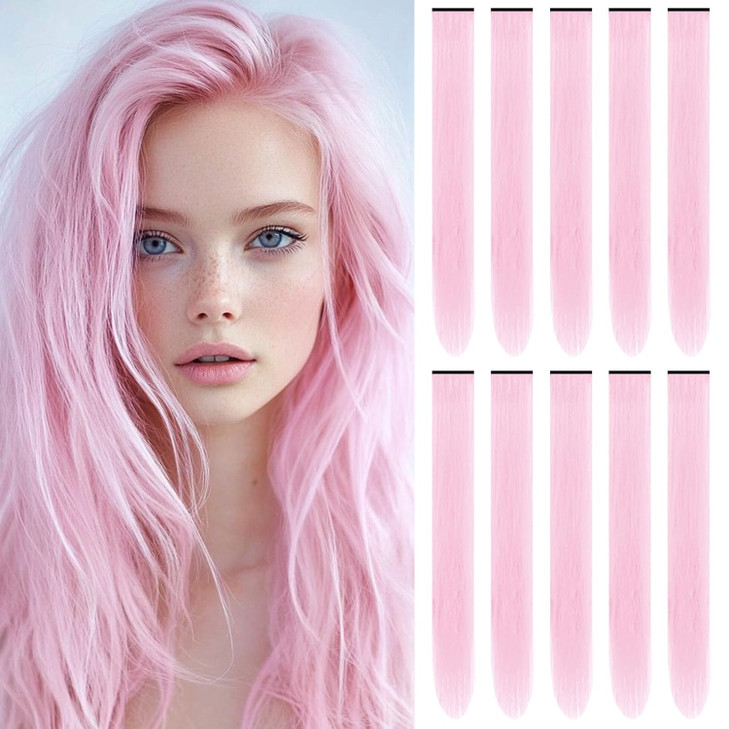 TOFAFA 22 Inch Colored Hair ExtensionsPink Color Long Straight Highlights Party Clip in Synthetic Hairpieces Colorful Ha