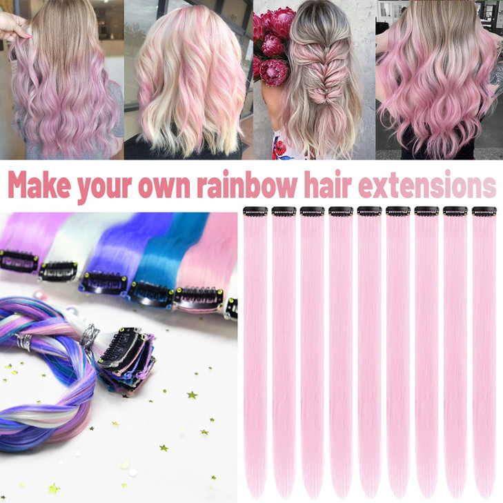 TOFAFA 22 Inch Colored Hair ExtensionsPink Color Long Straight Highlights Party Clip in Synthetic Hairpieces Colorful Ha