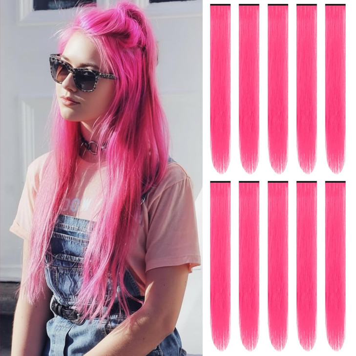 TOFAFA 22 inch Colored Hair Extensions Straight HairpiecePink Color Party Highlights Clip in Long Synthetic Hair Extensi