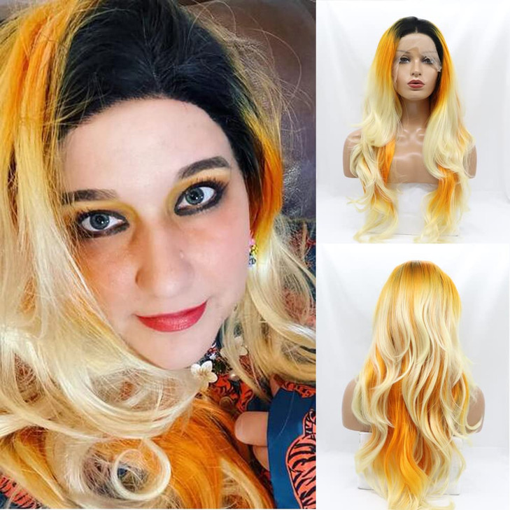 Kalisa Orange Blonde Wig for Women Synthetic Lace Frontal Wig Long Body Wavy Orange Blonde Wig Natural Hairline Dark Roo