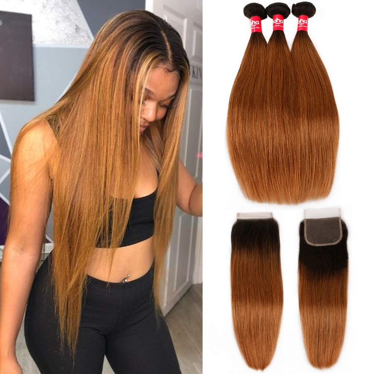Haha Ombre Brazilian Straight Hair Bundles with Closure 10A Ombre Human Hair Weave with Lace Closure 2 Tone T1B30 Black