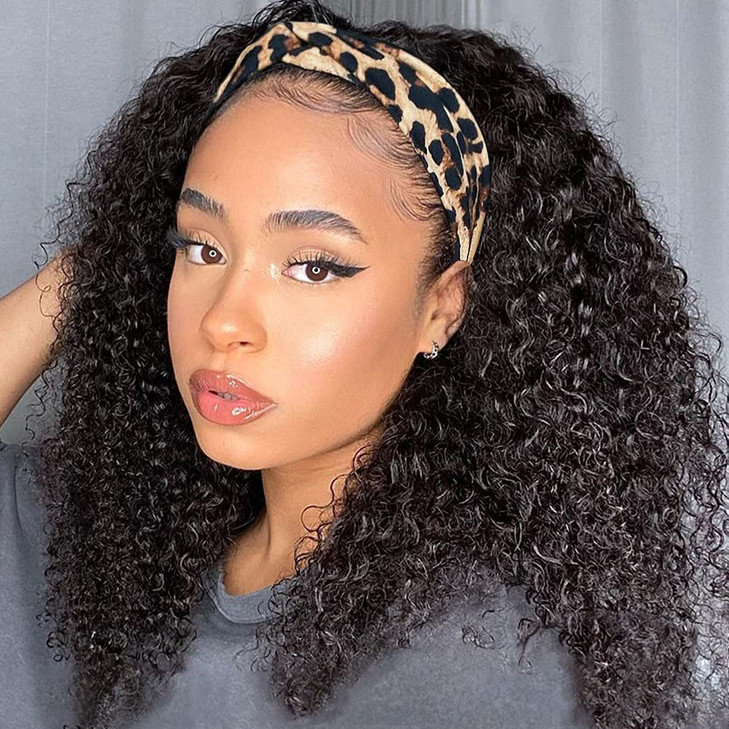 Eooma Glueless Wigs Human Hair Headband Wig Human Hair Half Wig for Black Women 18 inch Briazilian Curly Scarf Wig No Ge
