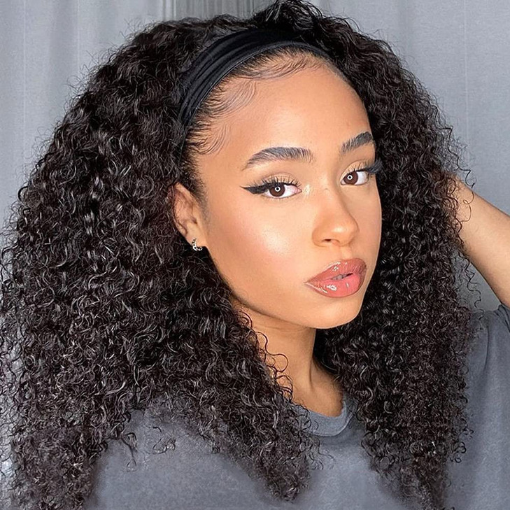 Eooma Curly Headband wig Human Hair 16 inch No Gel Kinky Curly Headband Wigs for Black Women 180 Density Scarf None Lace