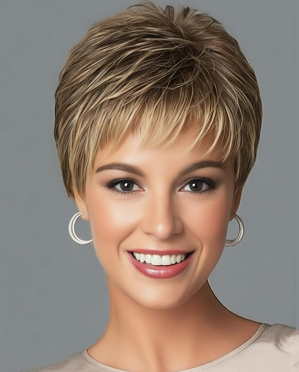 SEVENCOLORS Short Dark Brown Mixed Blonde Pixie Cut Wigs for Women Synthetic Layered Highlight Wigs with Bangs Natural H