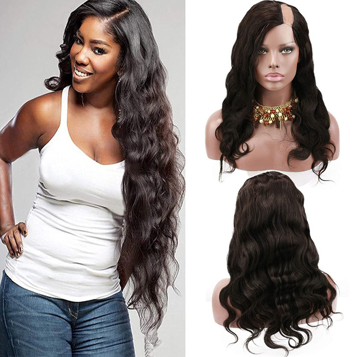 Voloria Left U Part Human Hair Wigs Natural Black Color Body Wavy Style Lace Front Wig with Baby Hair 130 Density 12inch