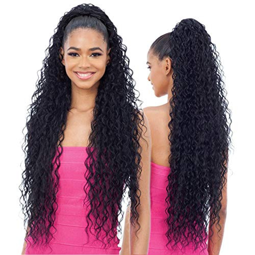 FASHION LINE Long Curly Drawstring Ponytail 30Synthetic Clip In Ponytail Extensions Black Color for Women Afro Curly Cor