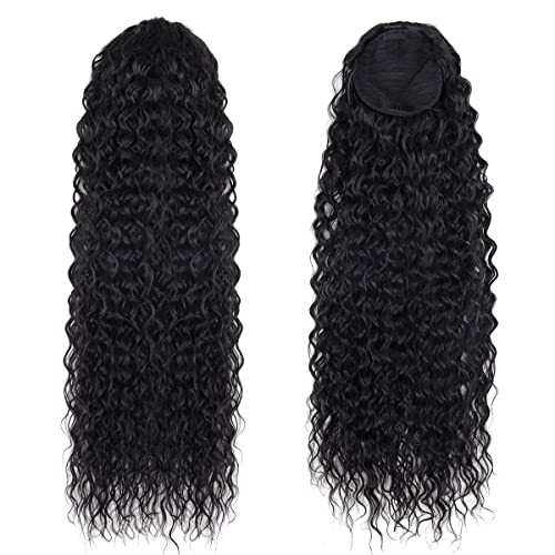 FASHION LINE Long Curly Drawstring Ponytail 30Synthetic Clip In Ponytail Extensions Black Color for Women Afro Curly Cor