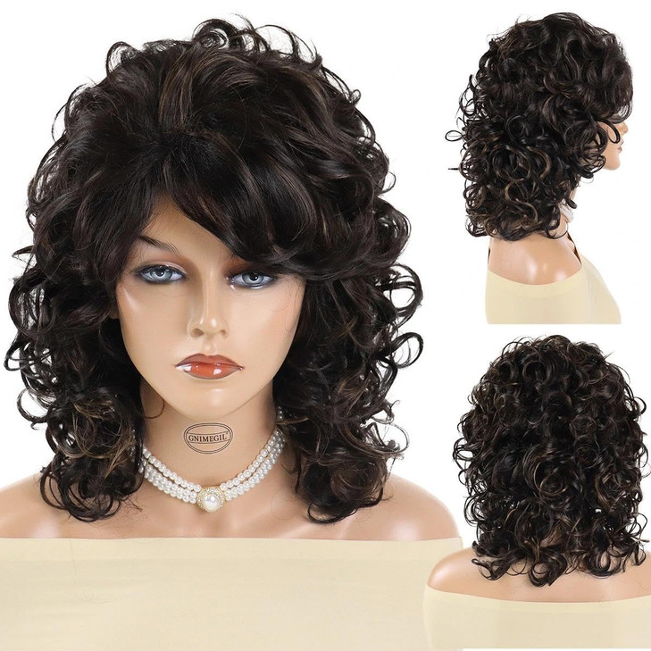 GNIMEGIL 70s Shoulder Length Synthetic Hair Wigs For Women Medium Mixed Dark Brown Wavy Curly Wig With Bangs Thick Bounc