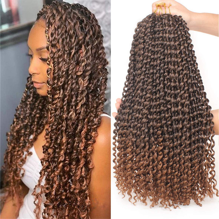 Leeven 18 Inch Ombre Color Water Wave Crochet Twist Hair for Butterfly Locs 7 Pcs Curly Passion Twist Crochet Hair For W