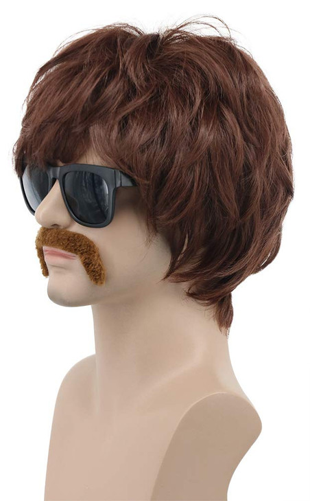 VGbeaty 60s 70s 80s Mens Disco Brown Short Rocker Singer Star Wig with Mustache Hippie Halloween Cosplay Party