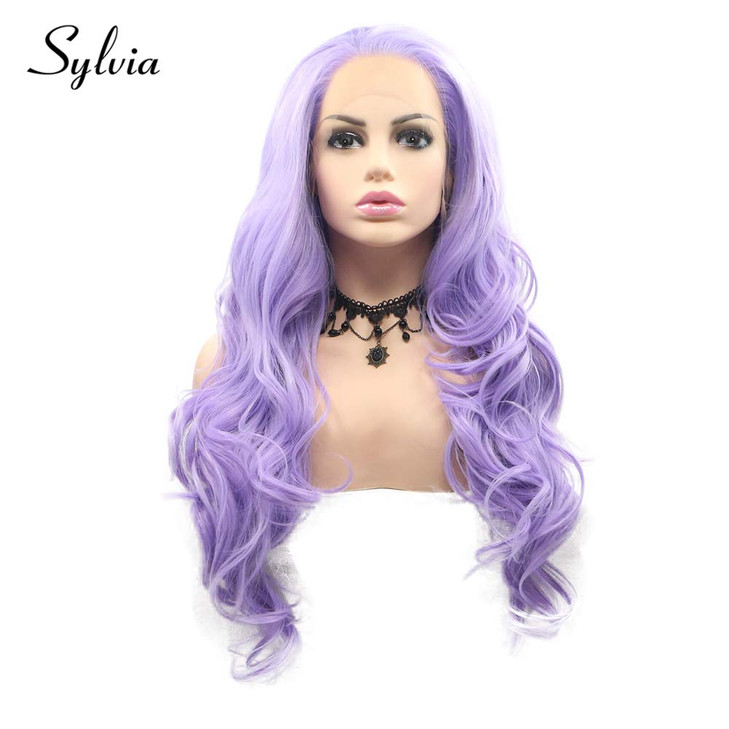 sylvia Light Purple Body Wave Synthetic Lace Front Wigs Middle Parting 180 Density Natural Half Hand Tied Heat Resistant