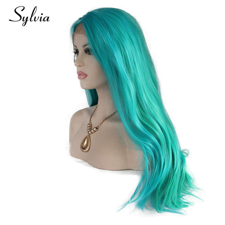 sylvia 24 Blue Mixed Green Wig for Women Long Natural Straight Curly Wavy Hair Wig Synthetic Lace Front Wigs Middle Part