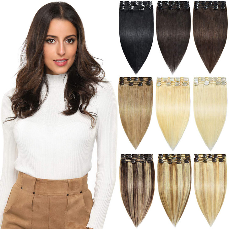Rose bud Clip in Hair Extensions REMY Human Hair 8Pcs 18 Clips 65gSet 14 Inch Dark Brown