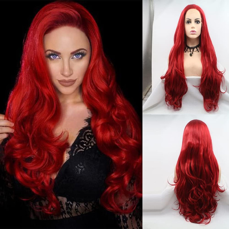 xiweiya Bright Red Lace Front Wig Long Body Wave Red Synthetic Lace Front Wigs 13x4 Lace Hot Red Wig Middle Part Heat Re