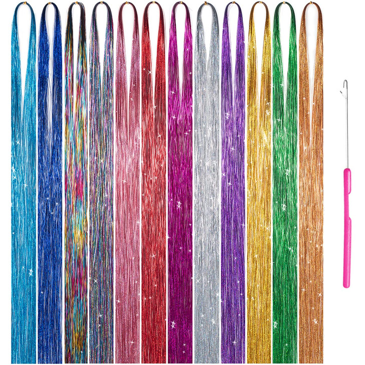 Sparkling Shiny MultiColors Hair Tinsel Strands 12 Colors 2800 Strands Colored Party Highlights Glitter Bling Synthetic