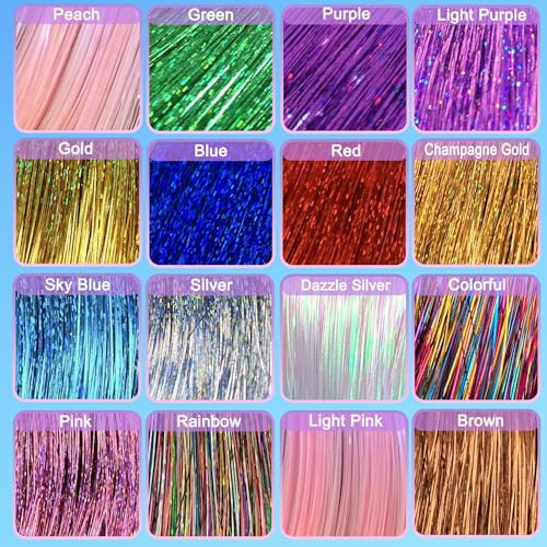 Hair Tinsel Kit with Tools 16 Colors 8000 Strands Fairy Hair Tinsel Heat Resistant Sparkling Shiny Tinsel Hair Extension