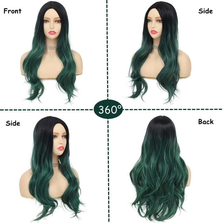 Tseses Green Wig Long Wavy Curly Wigs for Women Ombre Dark Green Synthetic Hair Wigs Dark Roots Hair Women Wig Cosplay H
