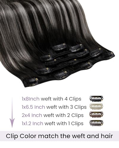 LaaVoo Human Hair Clip in Ombre Off Black to Silver Grey Hair Extensions Clip ins Black Balayage Clip in Hair Extensions