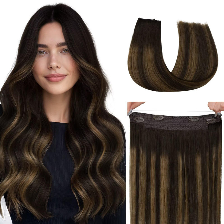 HOTBANANA Wire Hair Extensions 20 Inch 110g Balayage Dark Brown Mixed Chestnut Brown Transparent Fish Line Wire Extensio