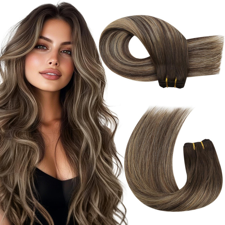 Moresoo Sew in Hair Extensions Real Human Hair Remy Straight Weft Hair Extensions Human Hair Balayage Dark Brown to Cara