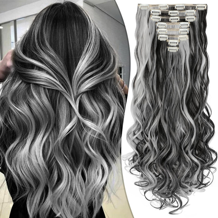 Fanguilar Clip in Hair Extensions 24 Inch 8PCS Natural Black Mix Silver Grey Long Wavy Synthetic Hair Extensions Clip in