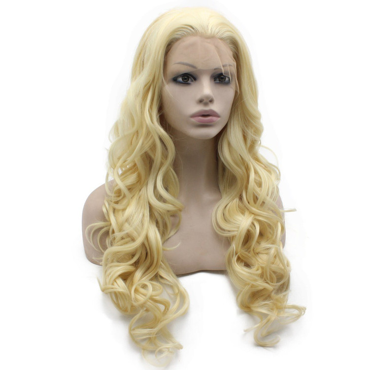 MX angel Long Wavy 613 Blonde Hand Tied Synthetic Hair Lace Front Wig Natural