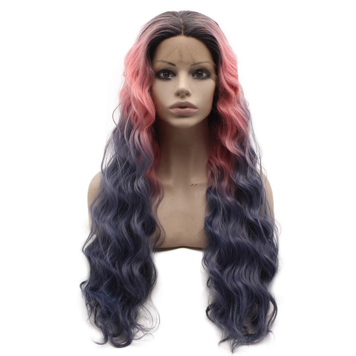 MX angel Long Dark Roots Pink Gray Ombre Heat Friendly Fiber Lace front Cosplay Party Wig