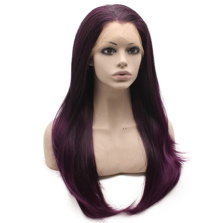 MX angel Long Straight Celebrity Half Hand Tied Synthetic Lace Front Natural Two Tone Brown Purple Ombre Wig