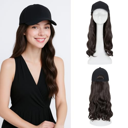 SEGO Hat Wig Hat with Hair Attached for Women Black Baseball Cap with Hair Extensions Long Wavy Baseball Cap Wig Adjusta