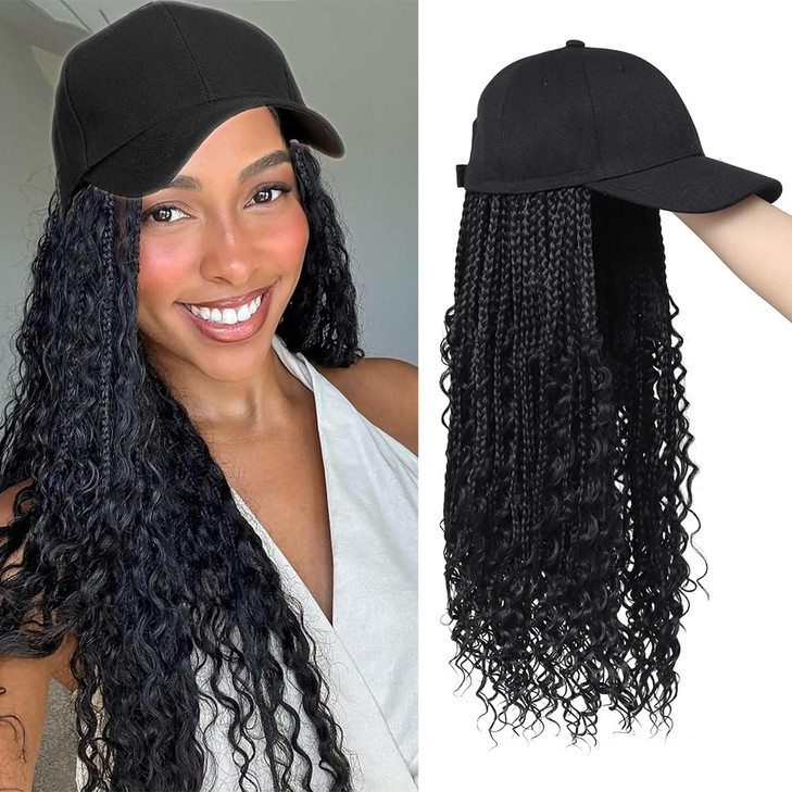 GUOJIAN Goddess Box Braiding Baseball Cap Wig Black Bohemian Curly Ends Box Braids Hat with Braided Hair Extensions for