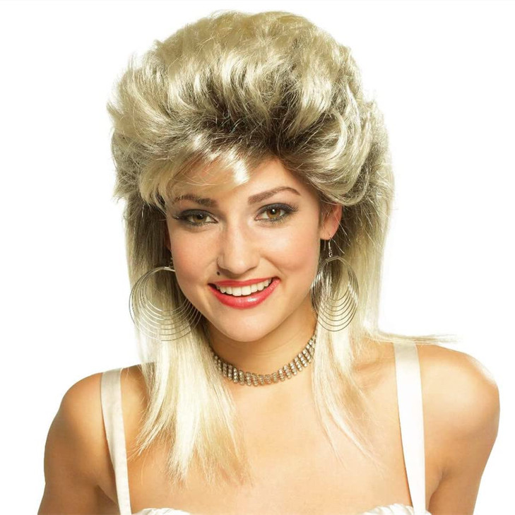 Swiking Mullet Wigs for Women Blonde Curly Soft Heat Resistant Shoulder Length Hair 80s Rocker Cosplay Halloween Dark Ro