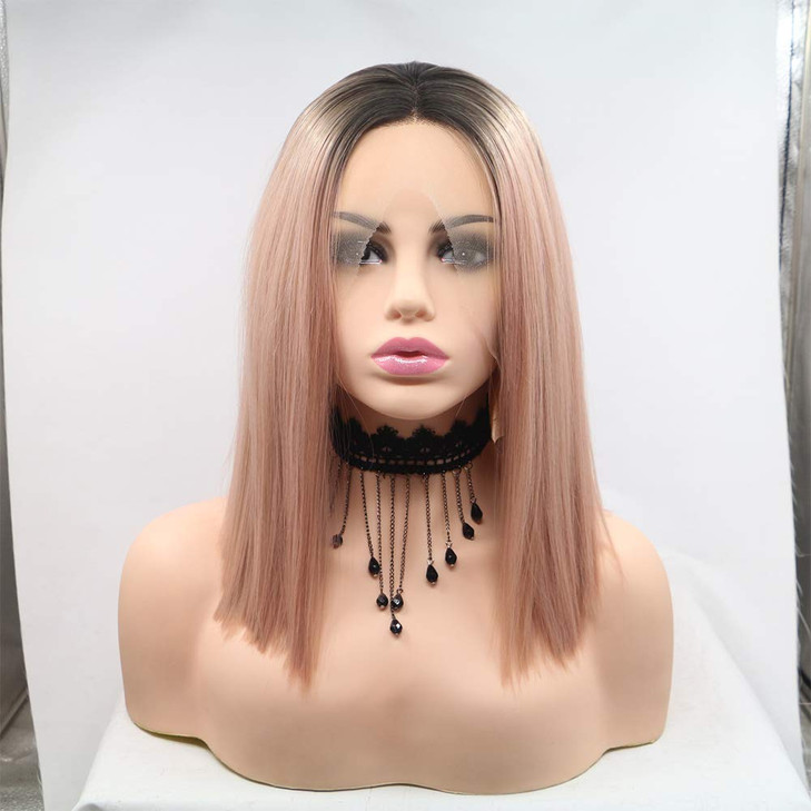xiweiya Ombre Pink Lace Front Wig Rose Gold Wig Short Straight Peach 13x4 Lace Front Wig Middle Part Heat Resistant Fibe