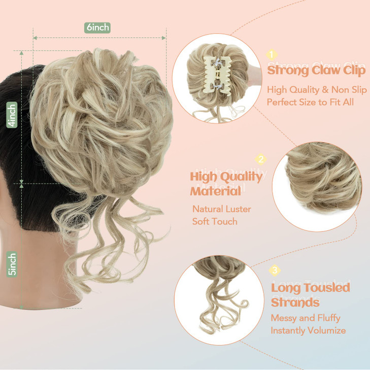 Snoilite Claw Clip Messy Bun Hair Pieces Updo Fake Hair Bun with Claw Clip in Blonde Curly Wavy Ponytail Extensions