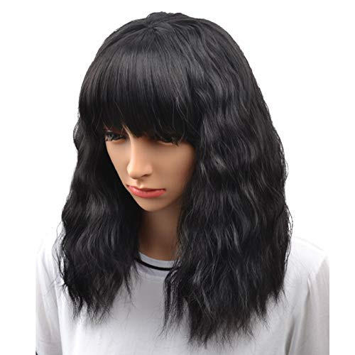 BERON Black Wig for Womens Short Curly Wavy Bob Hair Wigs with Bangs Movie Cosplay Costume Wig Heat Resistant Synthetic