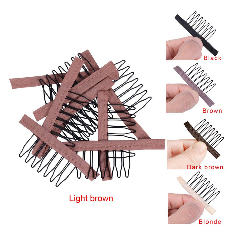 YANTAISIYU 24 PcsLot Steel Wig Clips with Cloth Combs for Hairpiece Caps and Wig Making Accessories Light Brown
