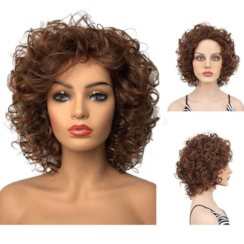 Wiginway Short Curly Synthetic Wigs Women Costume Wig Natural Looking Auburn Mixed Wigs 8 Inch33T30