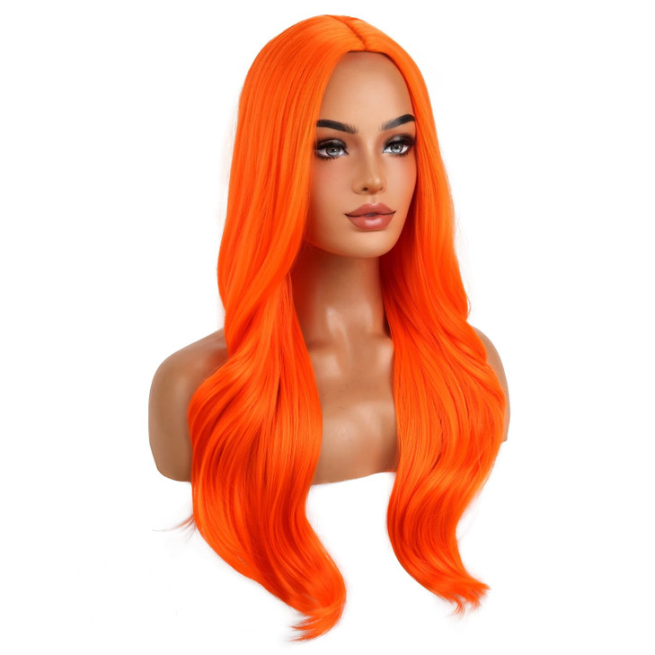 BERON Orange Long Wig for Women Girls Curly Wavy Hair Wigs 24 Halloween Cosplay Party Heat Resistant Synthetic Fiber Wig