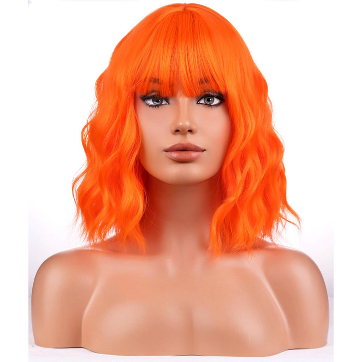BERON Orange Wigs for Women Short Curly Girls Neon Orange Wig Womens Bright Colored 12 Wavy Bob Heat Resistant Synthetic