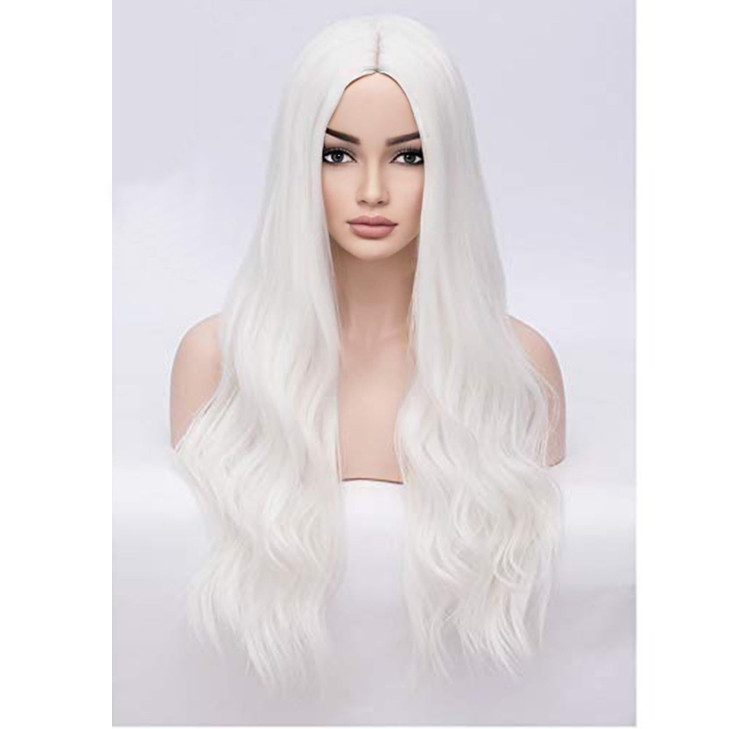 BERON Womens White Wigs Long Wavy Hair Wig for Girls 28 Inches Middle Part Heat Resistant Synthetic Wigs for Costume Par