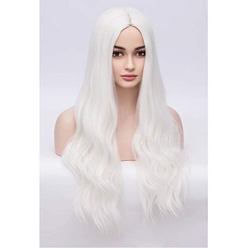 BERON Womens White Wigs Long Wavy Hair Wig for Girls 28 Inches Middle Part Heat Resistant Synthetic Wigs for Costume Par