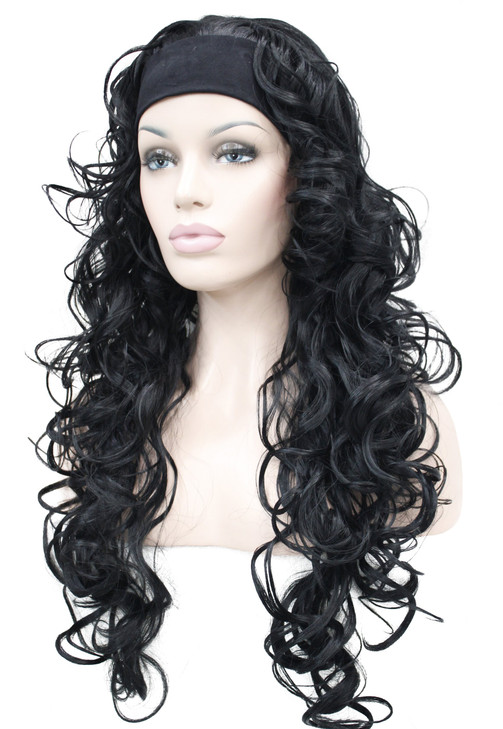 Wiginway 34 Band Headband wig Womens Dark Black Long Curly Wigs for Women ladies wigs
