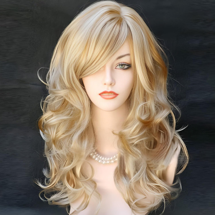 RightOn 22 Inches Blonde Mix Brown Wig Long Curly Mix Blonde Wig with Bangs Long Wavy Wig for Halloween Cosplay Costume