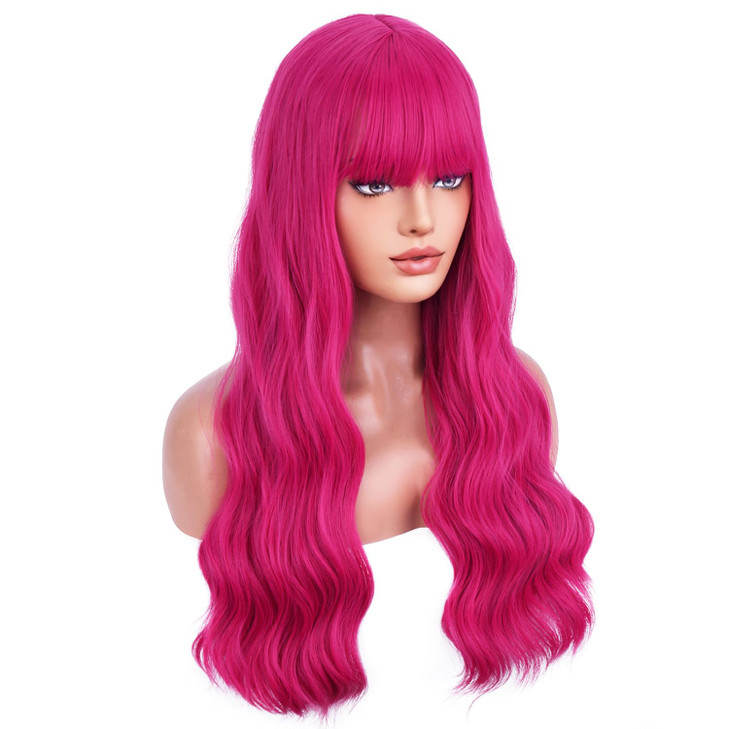 BERON 26 Inches Hot Pink Wig Long Curly Wig with Bangs Synthetic Wigs Rose Red Wigs for Women with Hairnet