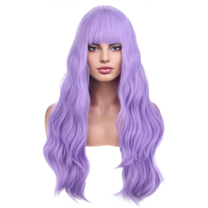 BERON 26 Inches Purple Wig Long Curly Lavender Purple Wig with Bangs for Women Daily Party Hairnet Include