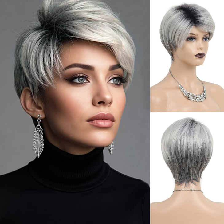 SEVENCOLORS Short Grey Wigs Ombre Gray Pixie Cut Wig with Dark Root Synthetic Natural Hair Short Silver Wigs for Black W